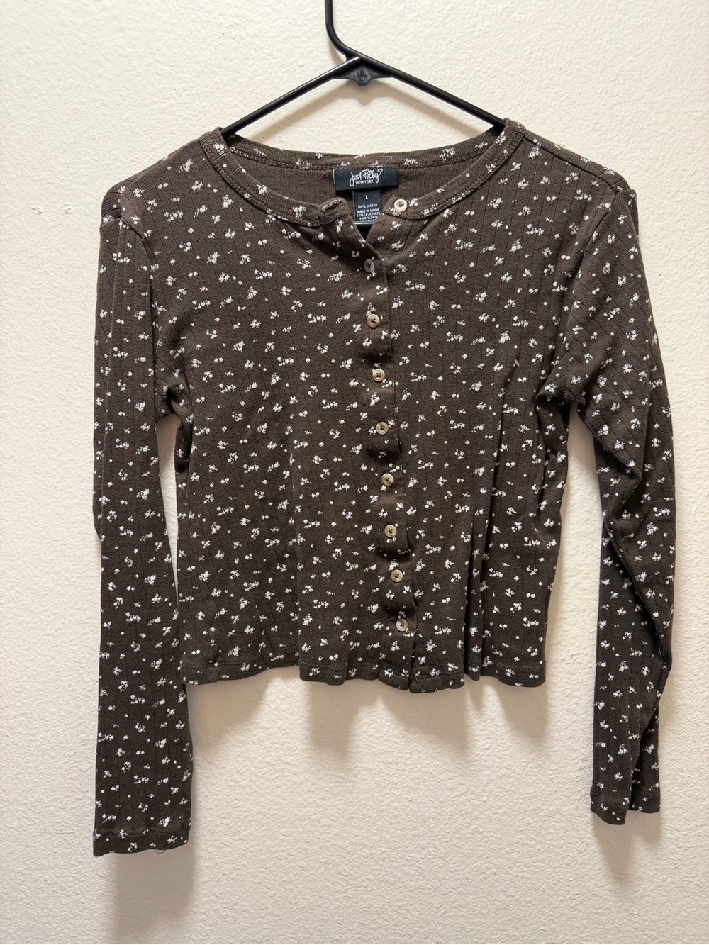 Brown Floral Ribbed Button-Front Crop Top